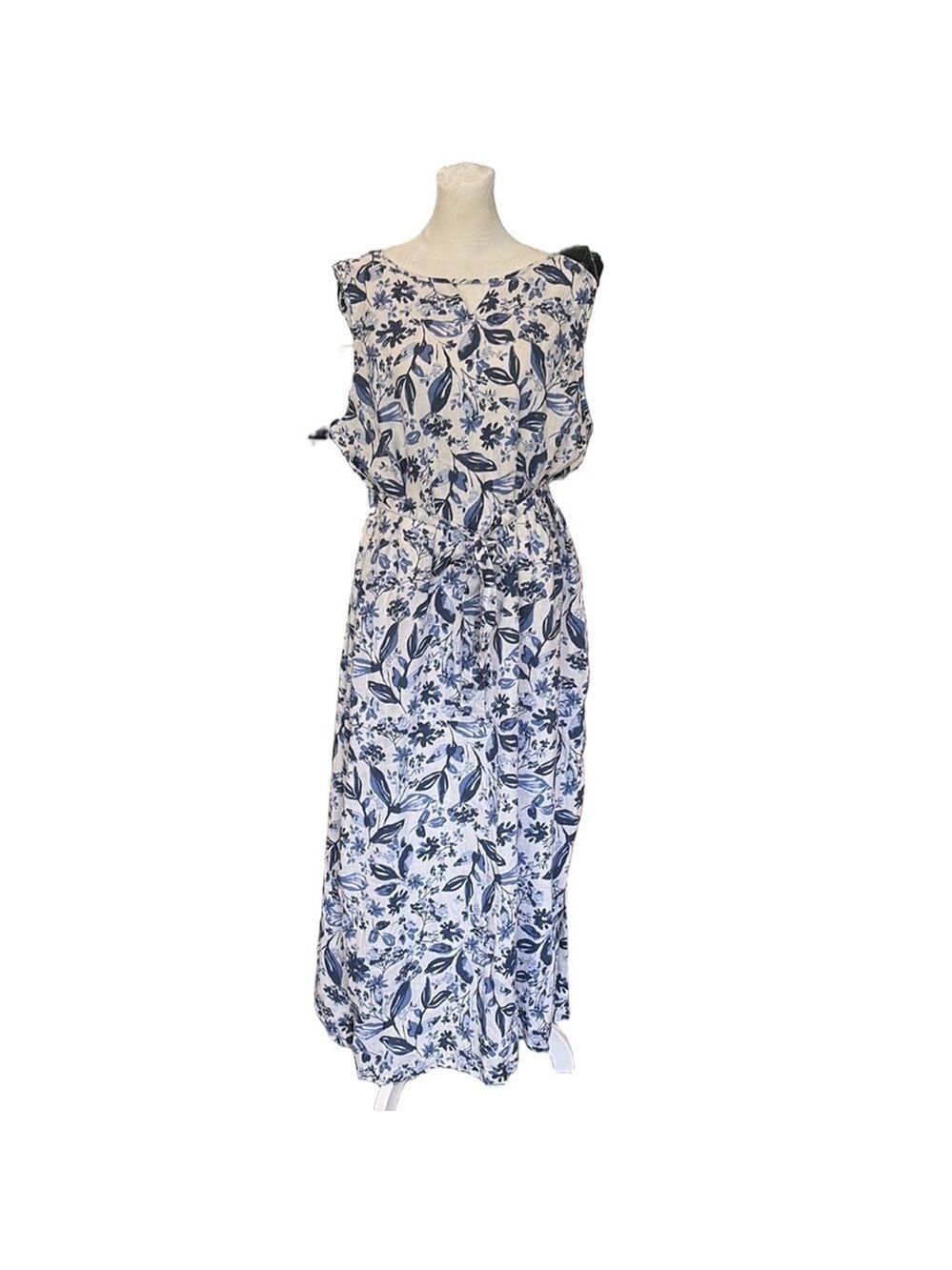 Kim Rogers Size XL linen blend sleeveless maxi dress. Floral summer pockets